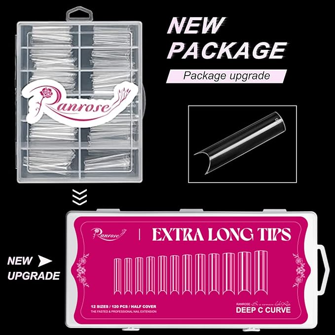 Ranrose 120PCS Extra Long Nail Tips,XXL Super Long Half Cover Deep C Curve False Nails 12 Sizes Tapered Square Press on Nails with Box