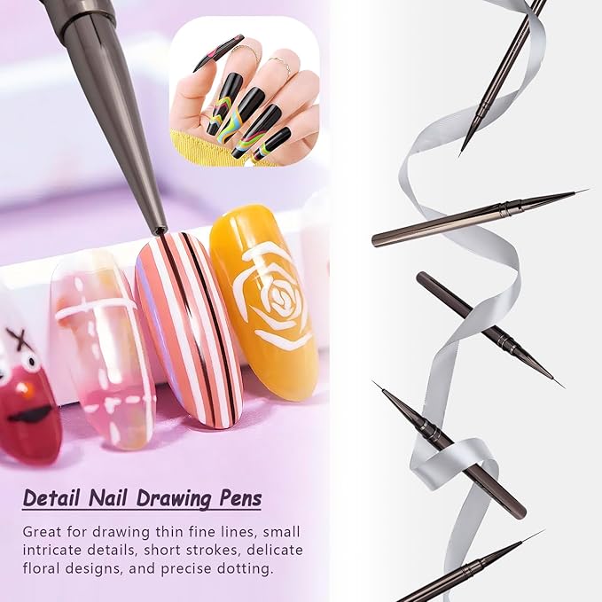 Mesee 5 Pieces Nail Art Liner Brush Set, Nail Art Pens 6/9/12/15/18mm Fine Painting Nail Art Brushes Detail Nail Brushes Facial Painting Pen Brush Nail Dotting Drawing Tool for Tiny Details Long Lines