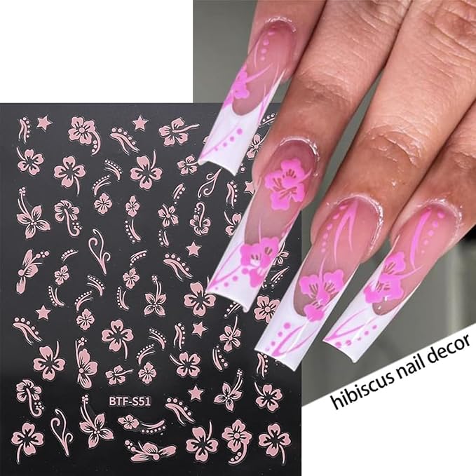 6Sheets Colorful Hibiscus Flower Nail Stickers Self Adhesive Pink White Floral Nail Decals Gold Silver Star Cherry Blossom Petal Nail Design Nail Art Stickers 3D Nail Supplies Pegatinas Uñas for Women