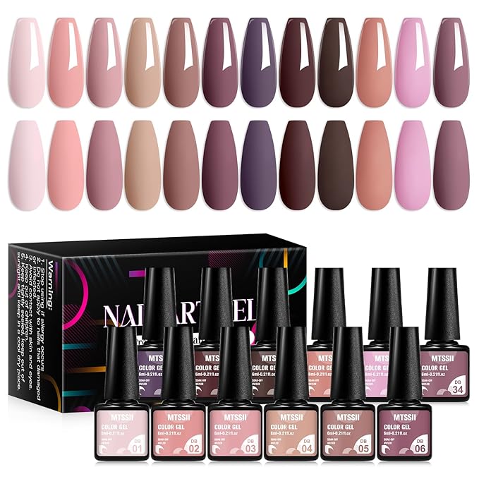 MTSSII Gel Nail Polish Kit, 12 Colors Fall Winter Pink Nude Brown Gel Polish Set Skin Tones Neutral Soak Off Gel Nail Gifts for Women Girl DIY Salon Home Manicure