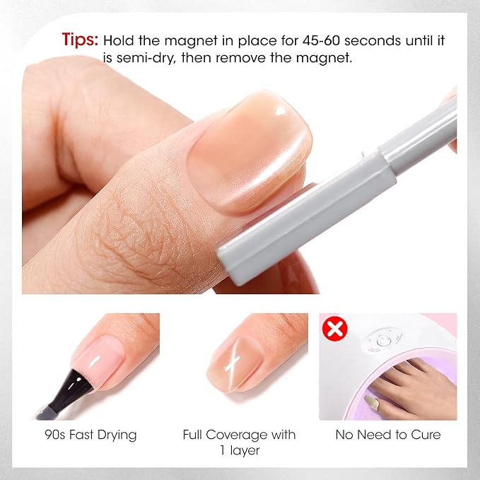 GELLEN Quick Dry Cat Eye Nail Polish Kit, Pink Silver Champagne Magnetic Fingernail Polish, Fast Drying Glitter Nail Lacquer Non Gel with Magnet Tool, DIY Salon Home
