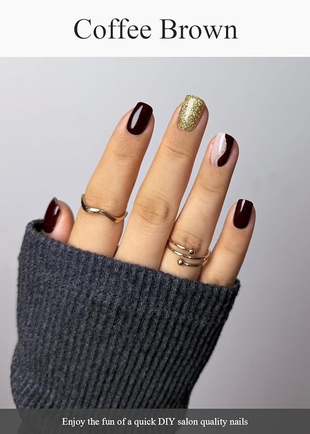 Semi Cured Gel Nail Strips (Coffee Brown), Gold Glitter Line, 20 Pcs Gel Nail Wraps, Stickers, Salon Quality, Long Lasting, Works with Any UV Lamps