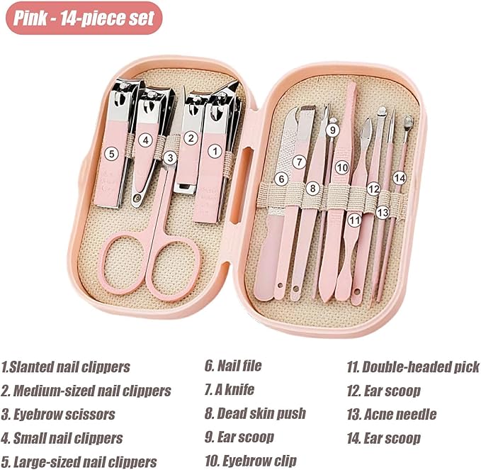 Manicure Set 14 in 1 Nail Clipper Set, Stainless Steel Nail Care Pedicure Tools With Case, Portable Travel Pedicure Kit for Men Women, Travel Grooming Facial Care Tools Set Christmas Stocking Stuffers