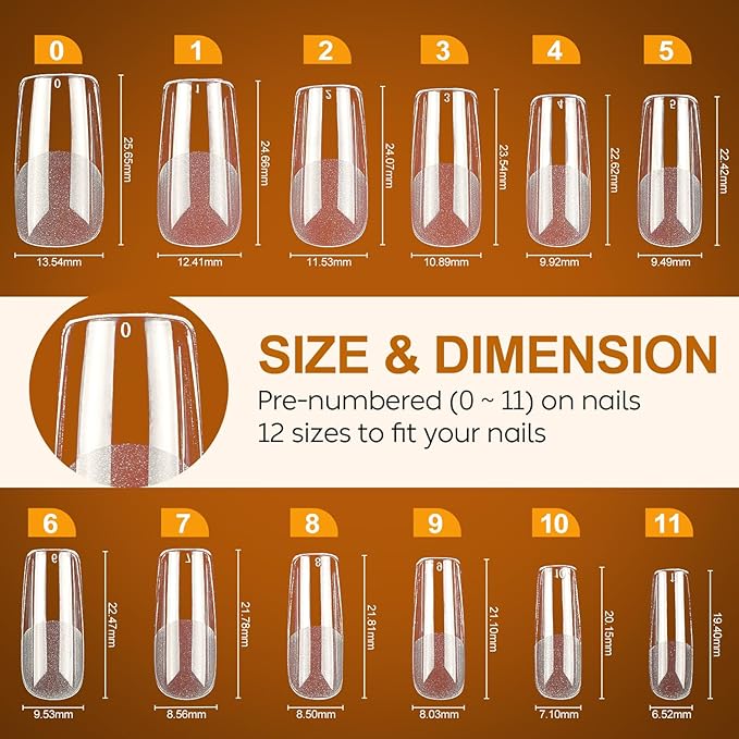 Nicedeco Medium Square Fake Nail Tips, 504Pcs Medium Soft Gel Nail Tips Pre Etched Half Matte Full Cover Clear Acrylic Gel Kit False Press on - 018