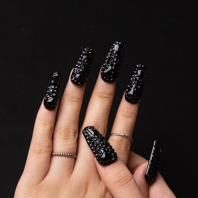 LOVFUL Press on Nails Classic Black Rhinestone | Handmade with Full Covered Crystals | Reusable Full Cover Nails | Coffin Classic Regular 1.3 in | H146-M