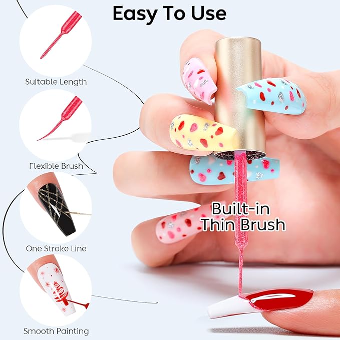 AIMEILI Gel Polish Nail Art Liner, Hema Free, Cruelty Free, Vegan, 6 Colors Black White Red Pink Gold Silver Design Paint for French Chrome Manicure DIY