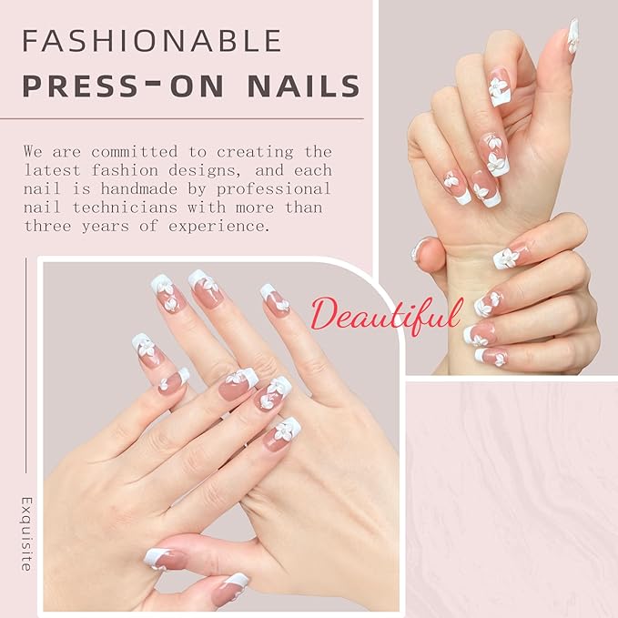 Handmade Press on Nails Short Coffin - French Tip Acrylic Fake Nails with 3D White Flower Designs, Elegant & Simple False Nails, Salon-Quality DIY Nail Art（S-10PCS)