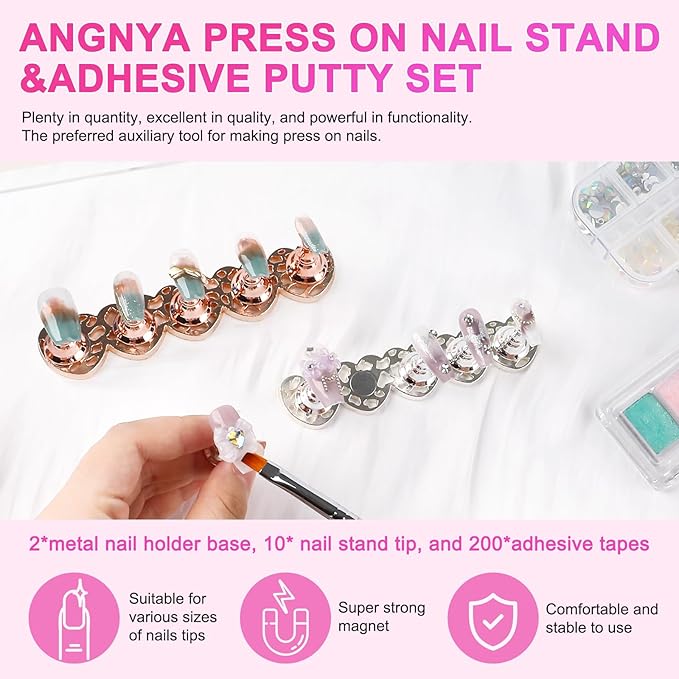 ANGNYA 2 Set Nail Stand for Press Ons, Strong Magnetism Nail Holder for Painting Nails with with 200PCS Nail Sticky Tabs, Nail Display and Practice Stand for Home DIY Beginner Salon Supplies