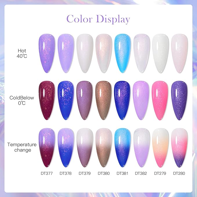 MEET ACROSS 12 Pcs Color Changing Gel Nail Polish Set, 8 Colors Red Pink Glitter Blue Purple Mood Temperature Change Nail Polish with Base Top Gel Nail Dehydrator and Primer