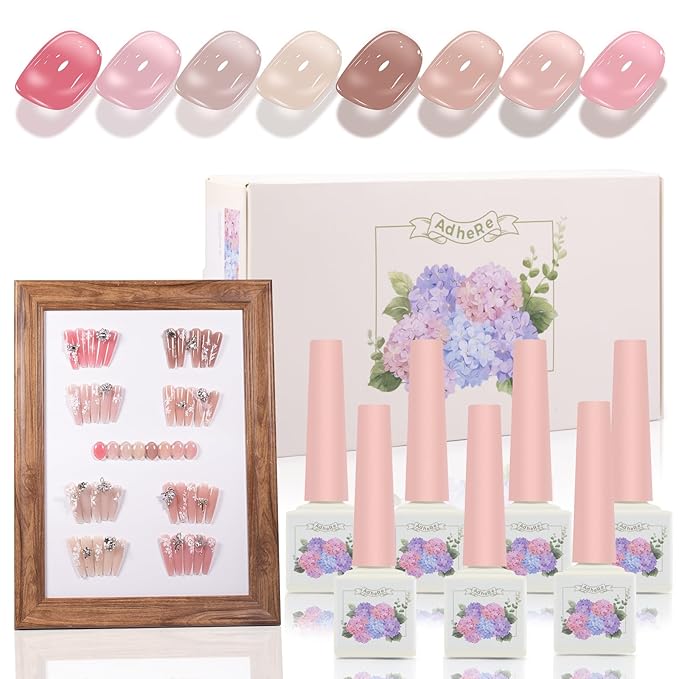 ADHERE Jelly Gel Nail Polish Set, 8 Colors 12ml Jelly Gel Polish Kit Nude Pink Neutral Nail Art Design Sheer Translucent Nail Polish Kits for Salon Need Lamp Curing Nail Art DIY at Home for Women
