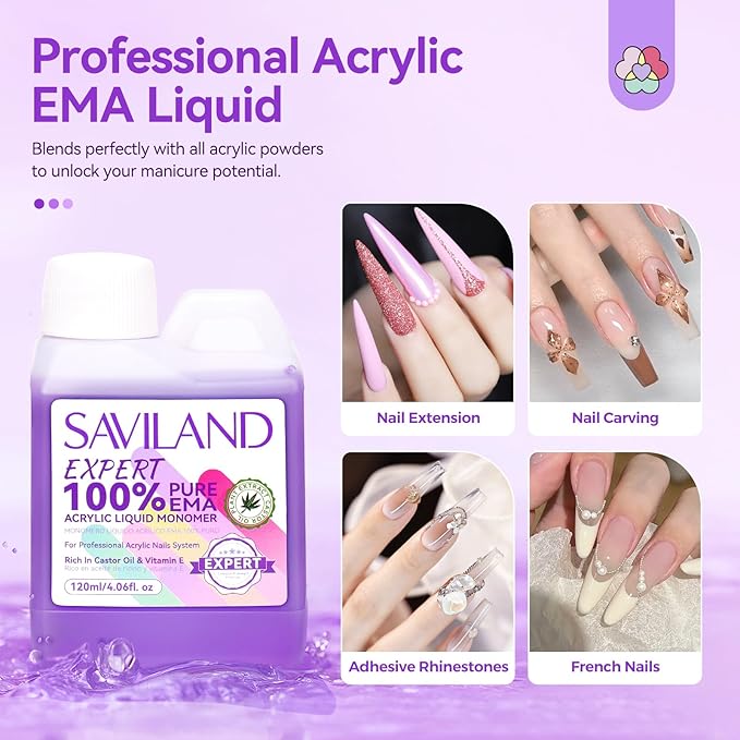 SAVILAND EMA Monomer Acrylic Nail Liquid: 4 fl. oz/120 ml Low Odor Castor Oil Vitamin E Acrylic Liquid Professional Pure EMA Nail Monomer Liquid Nail Tech Salon For DIY Home & Nail Salon Use
