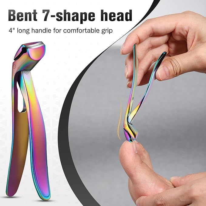 FERYES Angled Head Long Handled Toenail Clipper for Seniors - Large Wide Jaw Nail Clipper with Catcher for Thick Nails - Easier Trimming, Ergonomic Design (Rainbow