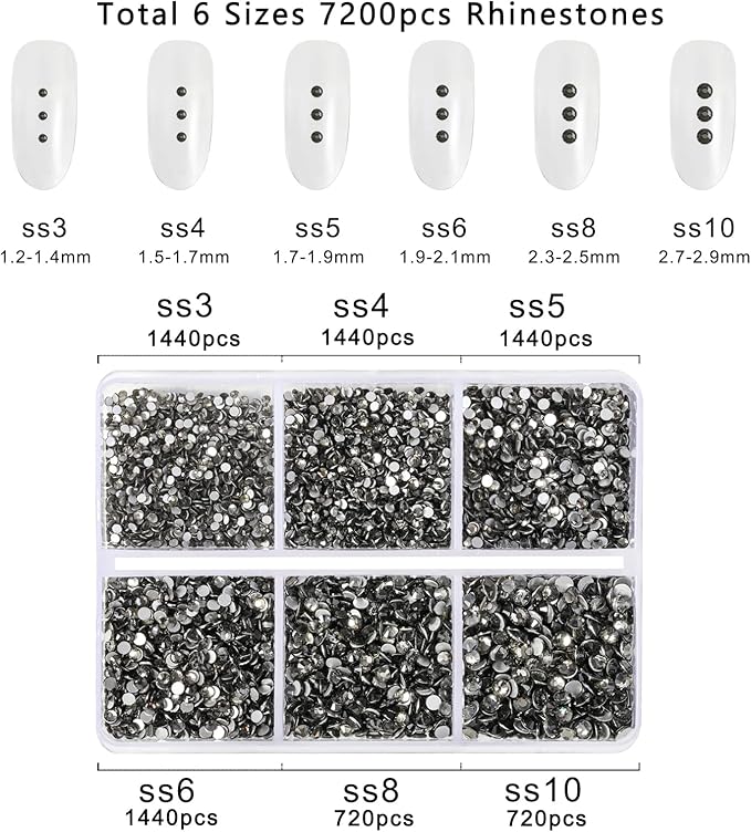 Beadsland 7200pcs Flatback Rhinestones,Gray Rhinestone Nail Gems Round Crystal Rhinestones for Crafts,Mixed 6 Sizes with Wax Pencil Kit, SS3-SS10,Black Diamond