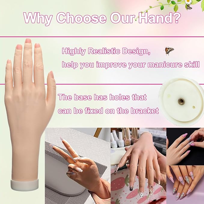 Practice Hand for Acrylic Nails Realistic Mannequin Hand for Nails Practice Soft Flexible Bendable False Fake Nail Hand Art Trainer Manicure Practice Hand Tool and Rings Display of Bracelets (Right)
