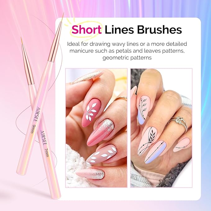 AIRSEE 6Pcs Nail Art Liner Brushes Set, Liner Brush For Nails Gel, Thin Line, Detail Painting, Art Design Pen For Long Lines, Fine Drawing Sizes 7/9/11/13/15/20mm, Pink