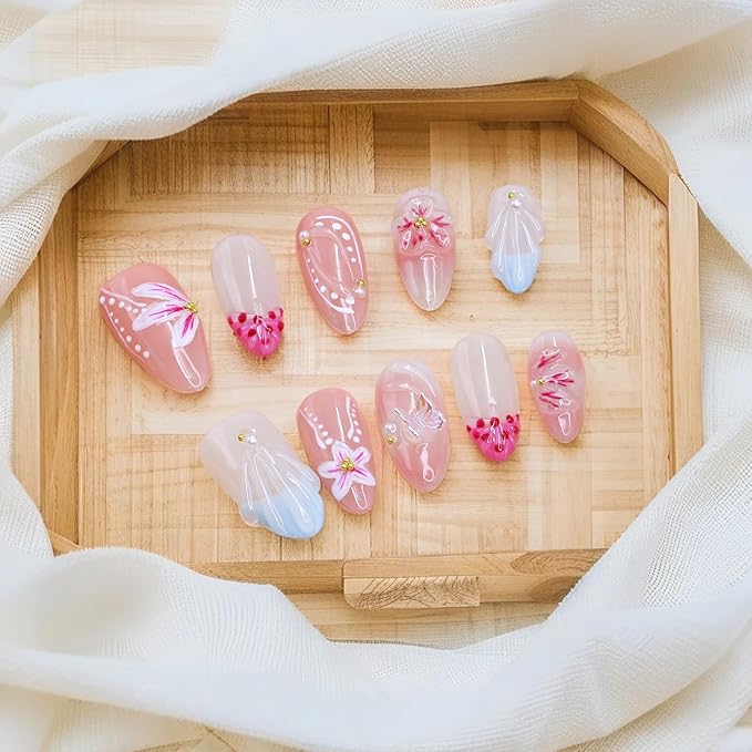 Flower Press on Nails - Medium Almond French Tip Fake Nails Handmade Press on Nails 3D Flower Butterfly False Nails with Water Ripple Design Muti-Layer Gel Artificial Acrylic Nails for Women (Size S)