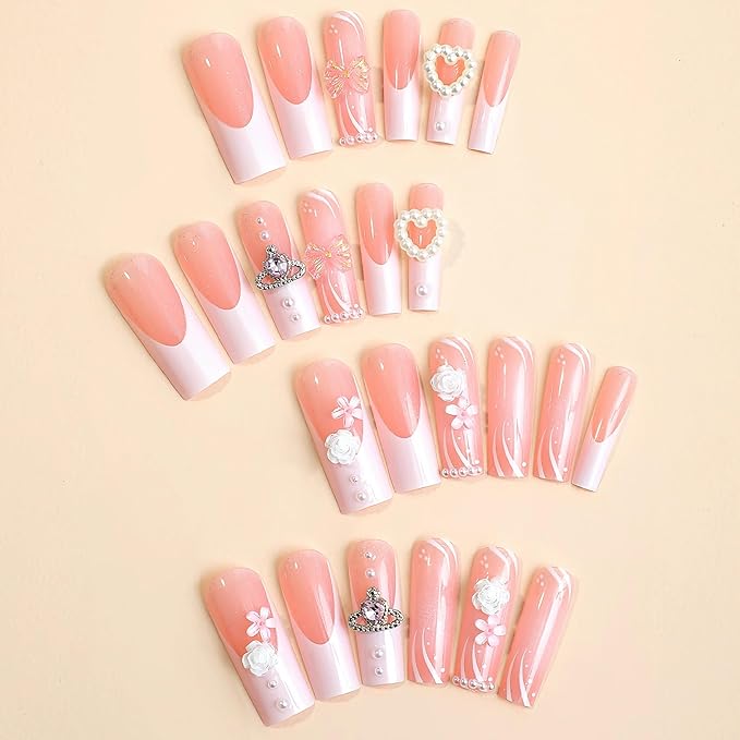 Press on Nails Long Pink False Nails Inlaid with Heart-Shaped Pearls, White Roses, Bows, and Crowns Showing The Noble Temperament of Women Girls' Fake Nails - 24 pieces (with Free Tool Kit)