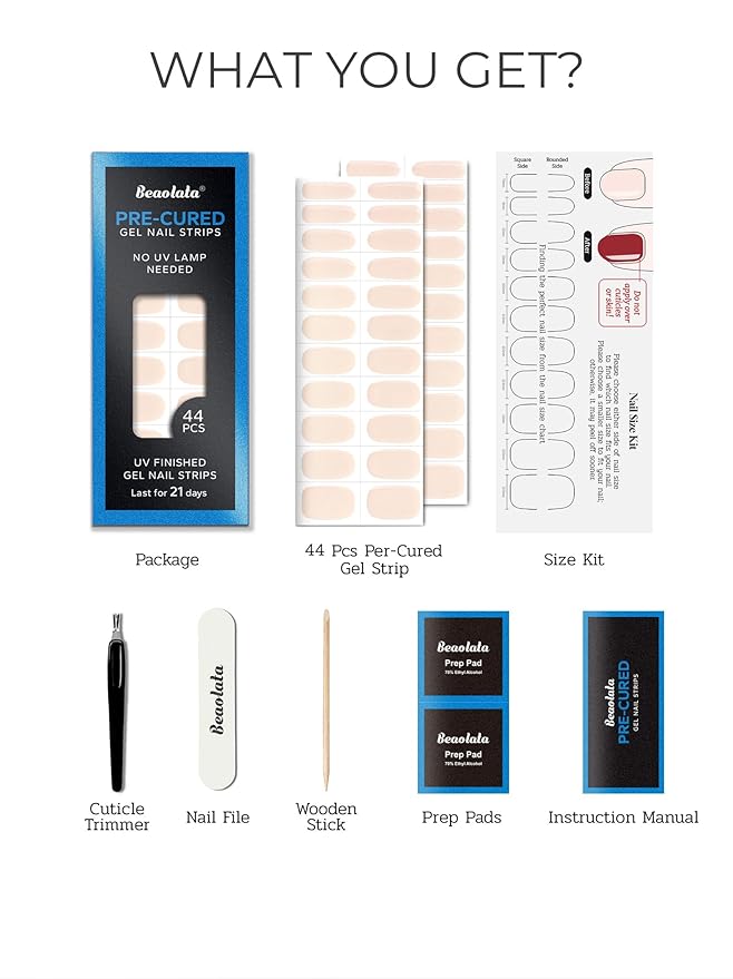 Pre Cured Gel Nail Strips - 44PCS Salon Quality Gel Nail Stickers - Long Lasting Polish Wraps for Women no UV Light Needed Easy Apply& Remove (Milk White)