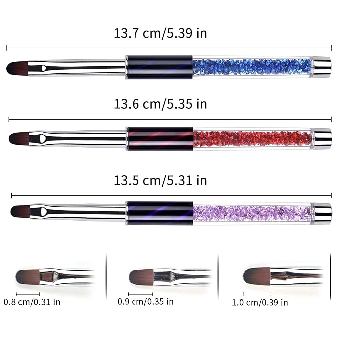 3Pcs Oval UV Builder Gel Nail Brush Set Rhinestone Handle Polygel Hard Gel Nail Art Brushes Professional Nail Art Tools