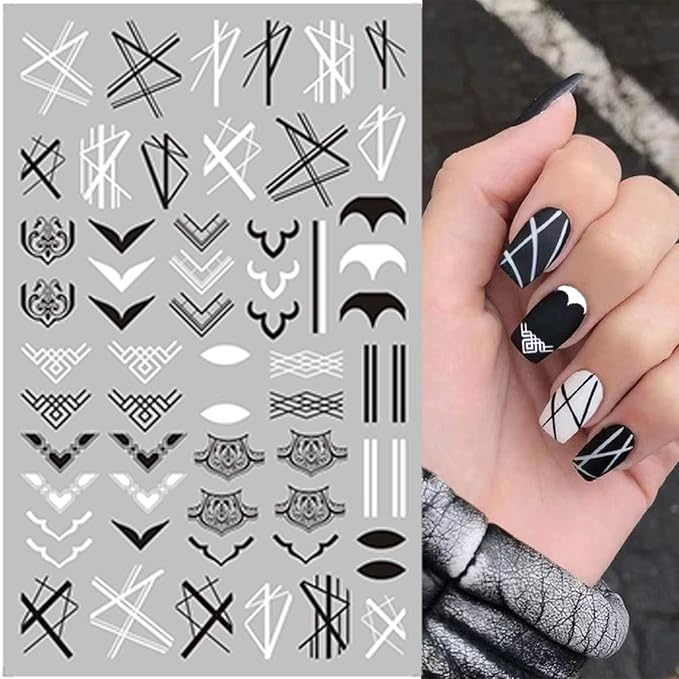 10 Sheets Black White Geometric Nail Art Stickers Decals 3D Self-Adhesive DIY Geometry Triangular Rhombus Minimalist Design Acrylic Nails Supplies Manicure Decorations Tip for Women Men
