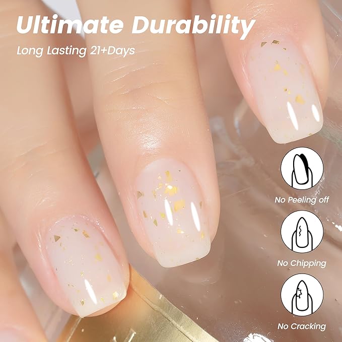 YTD Likomey Nude Gel Nail Polish,15ml Milky White Gold Foil Translucent Neutral Jelly Sheer Gold Flakes Glitter Salon Home DIY Nails Art Manicure UV Nail Gel Varnish,LS10