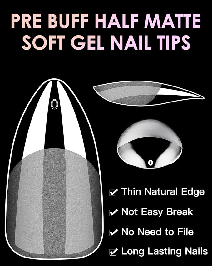 Soft Gel Nail Tips Medium Almond, 120PCS Pre Buff Full Cover Nail Extenison Tips Half Matte Gel Nail Tips BORNBYME