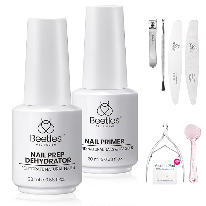Beetles Nail Dehydrator and Primer Nail Prep Care Tool Kit 20ml Large Capacity Acid-Free and Hema Free Dehydrate Bond Primer with Manicure Tools Gifts for Women