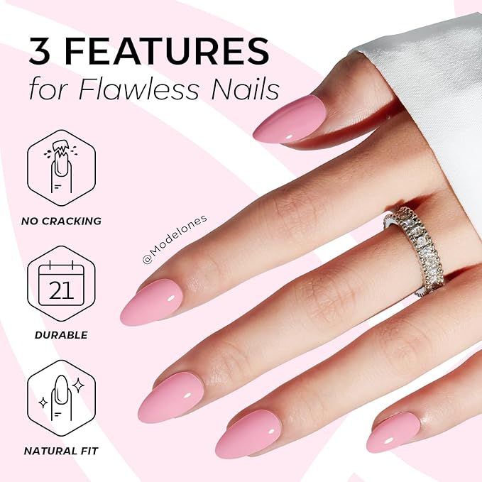 Modelones Pink Press on Nails Almond, Spring Short Almond Fake Nails, Reusable Nail Kit with Nail Glue Adhesive Tabs Mini Nail File, Nails Press Ons 32Pcs 16 Sizes