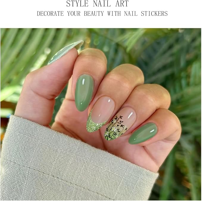 JMEOWIO Gel Nail Stickers Green French Tip Flower Semi Cured Gel Nail Strips Wraps UV/LED Nails Art Design Decoration Accessories