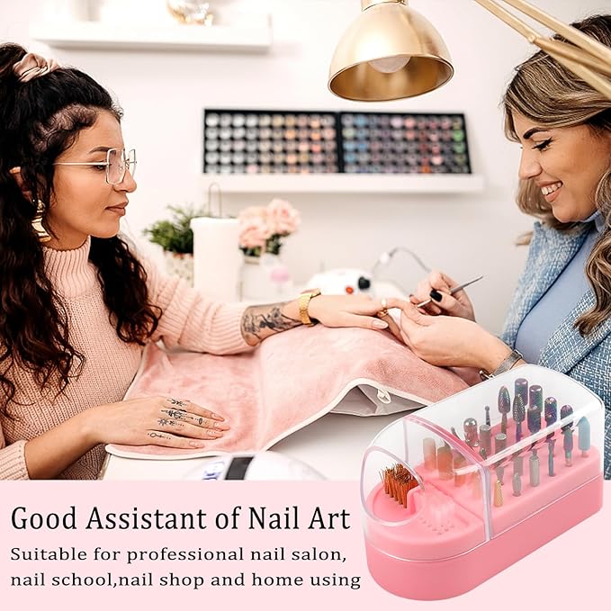 Nail Drill Bits Holder 2 in 1 Nail Drill Bits Cleaning Brush Case, 30 Holes Dustproof Acrylic Nail Drill Holder Storage Box, Nail Drill Bit Holder Stand Displayer Organizer for Home Salon Use (Pink)