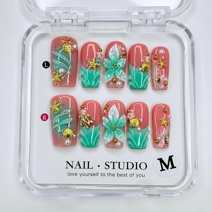 Handmade Press on Nails French False Nails Medium Coffin Fake Nails Gradient Flower Acrylic Nails Full Cover Reusable 3D Starfish Shell Fake Nails for Women Girls Accessories (Size M)
