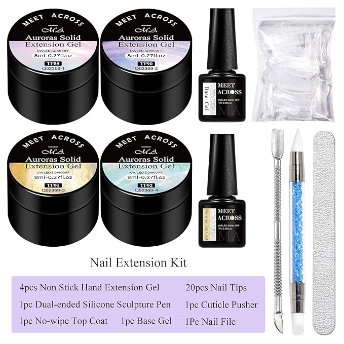 MEET ACROSS All-in-One Extension Mini Kit Non-Sticky Builder Gel Starter Kit WIth Base & Top Coat/Dual-Silicone Pen/Pro File/20-Pc Reusable Dual Forms Salon-Grade Extensions (Aurora Series)