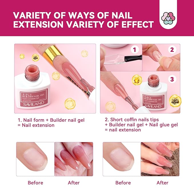 SAVILAND Builder Nail Gel Kit with Nail Drill: Castor Oil Vitamin E Builder Nail Gel in a Bottle 6 Colors 10 ml Hard Gel for Nails Strengthener Extension Gel Mini UV Lamp Nail Glue Gel Home Nail Salon