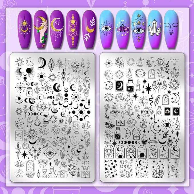 PH PandaHall 2pcs Star Moon Pattern Nail Stamp Plate 170 Patterns Sun Moon Phases Theme Print Art Template Stainless Steel Nail Image Plate Starry Nails Stencil Set for Women 5.7x3.7 inch