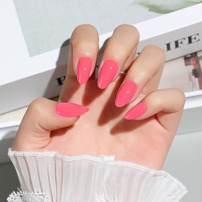 Luxbon Short Press On Nails Almond Acrylic with No-Cure Nail Glue and Tool Kit – Glue On Nails Soft Gel Nail Tips 25-30pcs Full Size Set, Reusable Fake Nails for Women, Salon Look at Home, Cherry