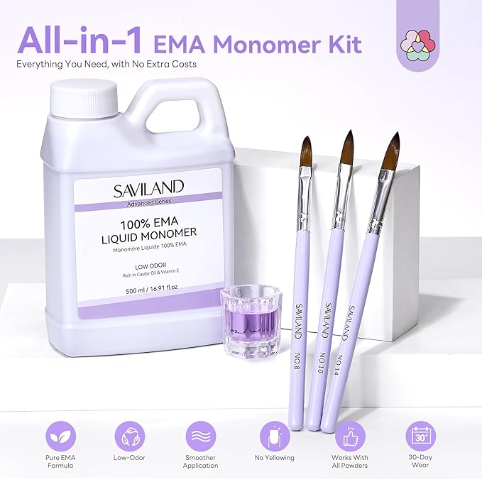 SAVILAND Advanced Monomer Acrylic Nail Liquid Kit: Pure EMA 16OZ Acrylic Liquid Low Odor Nail Monomer Liquid with 3 Pcs Acrylic Nail Brush Dappen Dish for French Nail Extension Carving DIY Home 500 ml
