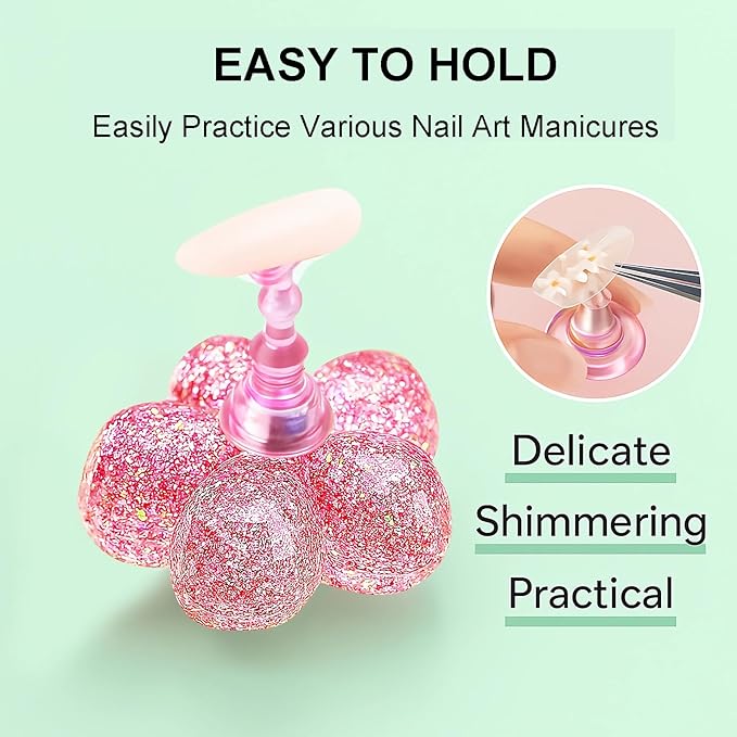 Nail Stand for Press On Nails – 2 Set Acrylic Nail Holders for Nail Art Practice, 10 Nail Stands, 60Pcs Reusable Putty, Flower Shaped Base & Tweezers, Nail Art Tool Kit for Salon & Home