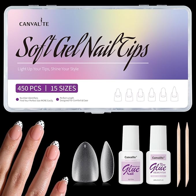 Canvalite 450Pcs Almond Press on Nails Kit with Nail Glue & Remover - Acrylic Gel Double-sided Matte Clear Pre-Buff Gel Nail Tips, 15 Sizes Full Cover False Nails, DIY at Home & Salon Use