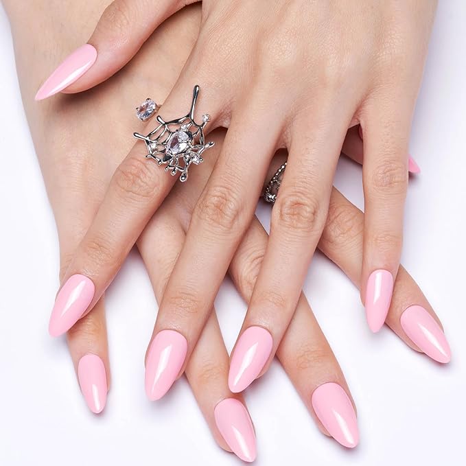 GLAMERMAID Light Pale Pink Press on Nails Medium Almond, Handmade Jelly Soft Gel Pure False Nals, Stiletto Glue on Nails Kit for Women, Reusable Short Oval Stick on Acrylic Fake Nails Manicure Set