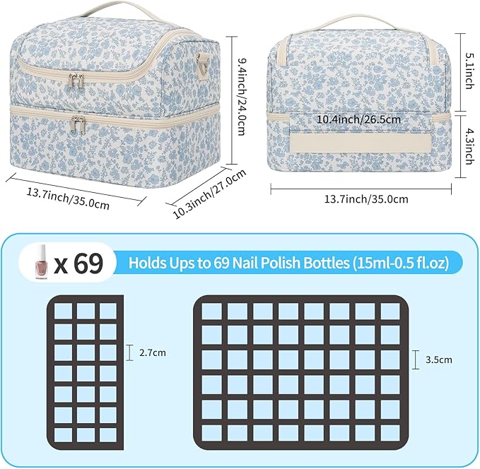 Nail Polish Organizer, Nail Supplies Storage Case Holds 69 Bottles Nail Polish & Nail Lamp, Travel Nail Tech Carrying Bag, Nail Kit Bag for Nail Stuff & Manicure Tools (Floral Blue, 69 Slots)