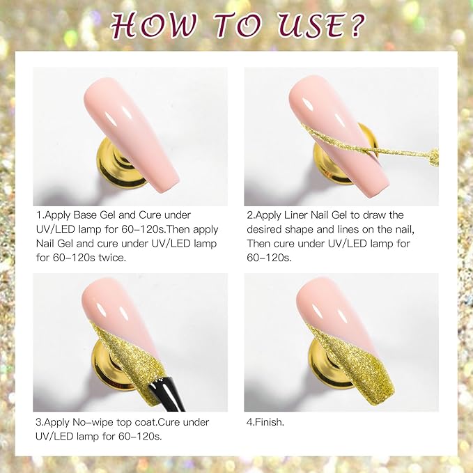 MTSSII Reflective Glitter Liner Nail Gel With Thin Nail Art Brush In Bottle, Sparkly Golden Silvery Nail Art Polish, Painting Liner Gel Polish for Swirl Nails Cyber Punk French Acrylic Nail