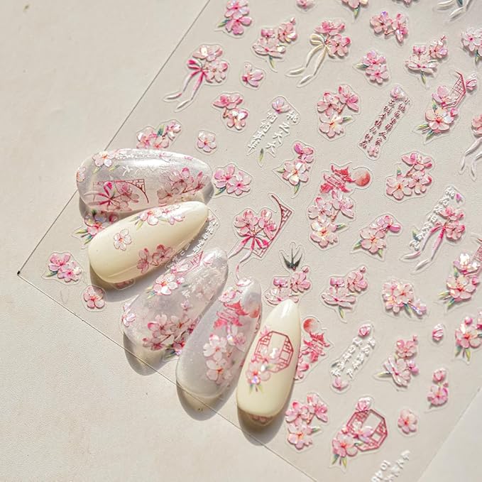 3D Spring Floral Nail Art Stickers, Pink and White Peach Pear Cherry Blossoms Design, Decorative Nail Decals (Delicate Flower)