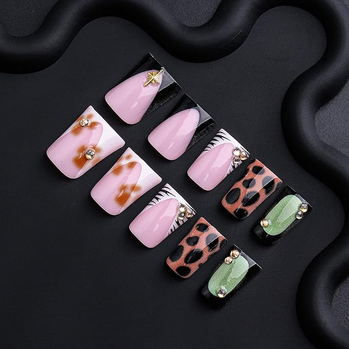 Duck Press on Nails French Tip Fake Nails Leopard Print Glue on Nails with Rhinestone Design Glossy Full Cover Reusable Artificial Acrylic Star Stick on Nail for Women Manicure 24Pcs