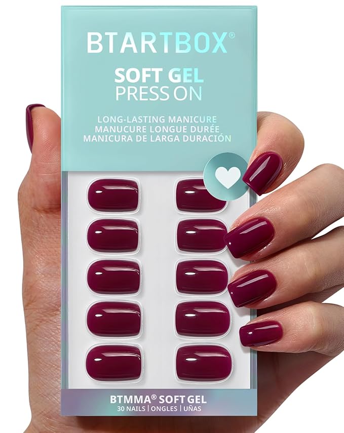 BTArtbox Press On Nails Short - Plum Red Squoval Press On Nails with Glue for Women, Opaque Soft Gel Glue On Nails in 15 Sizes - 30 Stick On Nails Kit, Blackberry