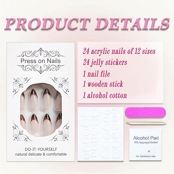 Fall Press on Nails Medium Almond MABKJLF French Tip Fake Nails False Nails with Leopard Print Designs Glossy Glue on Nail Autumn Full Cover Acrylic Nails for Women Girls 24Pcs