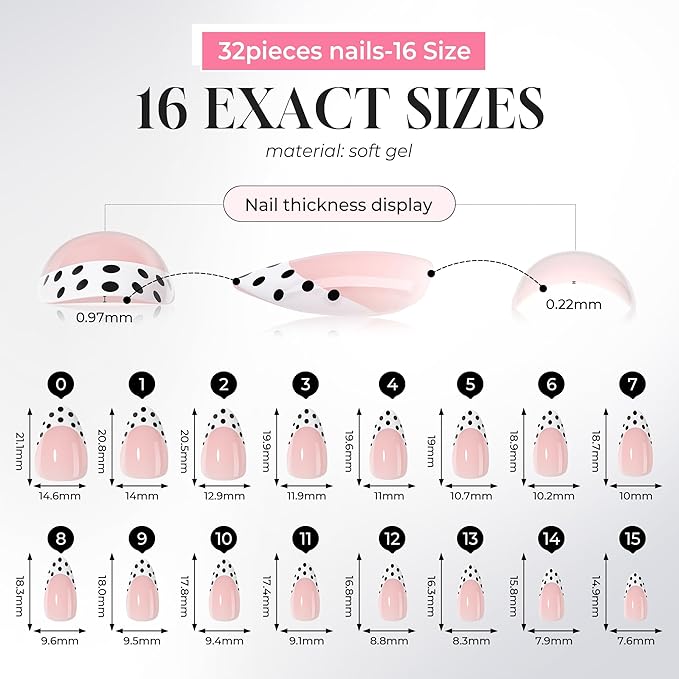 UNA GELLA 32Pcs Soft Gel Press on Nails - 16 Sizes Polka Dot French Tip Almond Glue on Nails, Reusable Nude False Nails with Black Dots, Full Cover Acrylic Nail Kit for Women DIY Home Manicure