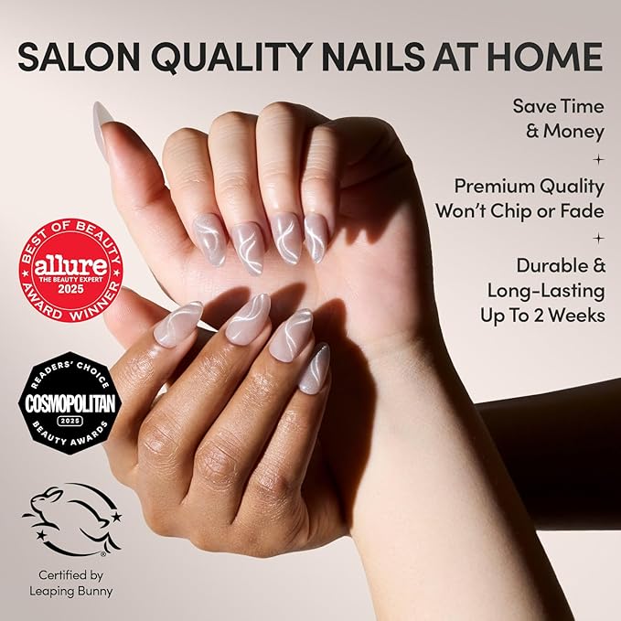 Glamnetic x GLAMZILLA Press On Nails - WOO-MAN! | Gray Short Almond Fake Nails with Velvet Cat Eye, Salon Quality, Everyday | 15 Sizes - 30 Nail Kit with Glue