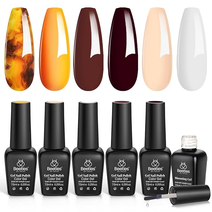 beetles Gel Polish Kit with Blooming Gel, 5 Colors Amber Attraction Tortoise Brown Yellow Nude White Gel Nail Polish Set Clear Blooming Polish Soak Off UV DIY at Home Salon Nail Art Gifts for Women