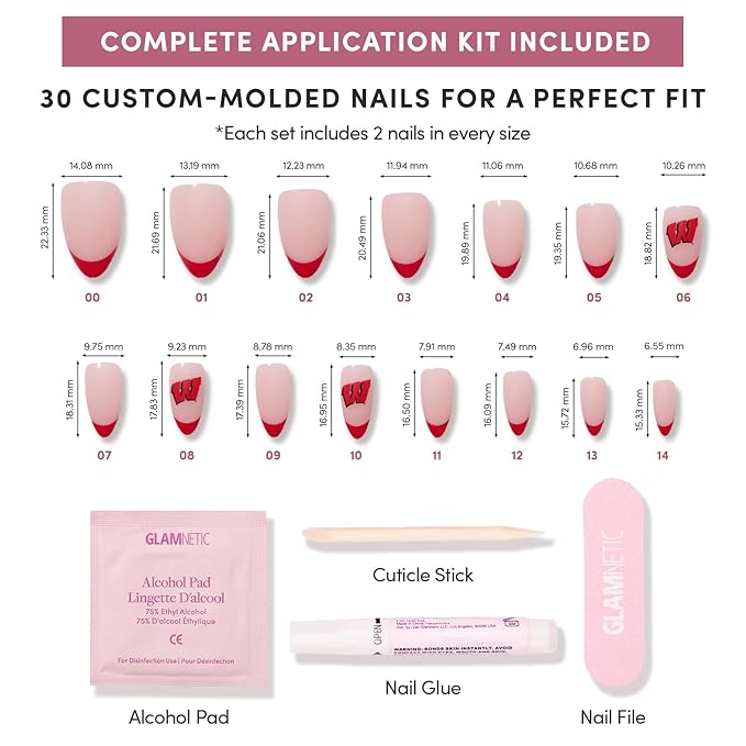 Glamnetic x Fanatics Press On Nails - Wisconsin Badgers | Short Almond Fake Nails, Collegiate Badgers Red French Tips, College Nails, Salon-Quality | 15 Sizes - 30 Nail Kit with Glue