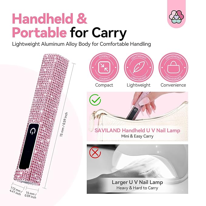 SAVILAND Glitter UV Light for Gel Nails: Pink 12W LCD Screen Handheld UV Nail Lamp 8X-Faster Cure LED Flash Cure Lamp for Gel Nails Flash Cure Light for Home Salon Use